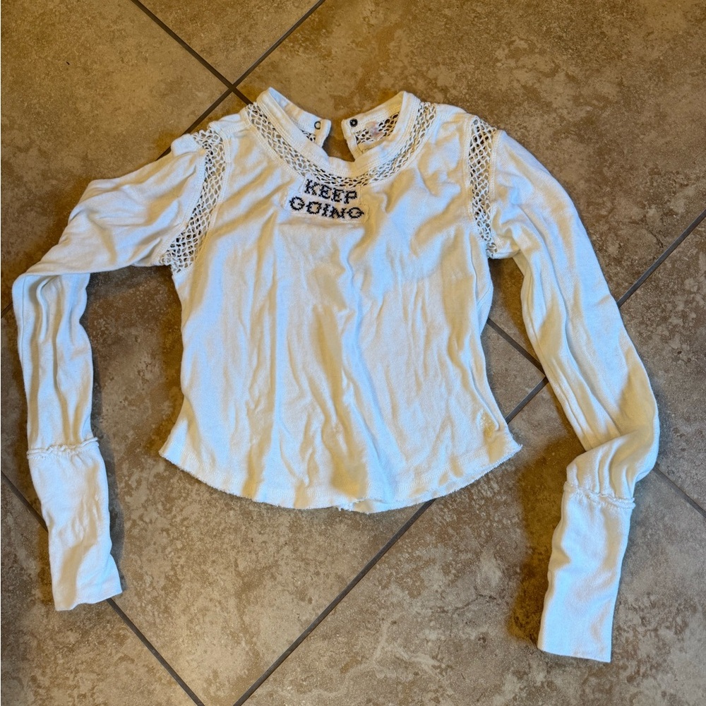 Free People White Long Sleeve Top with Lace Details